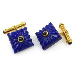  Pair of silver-gilt carved lapis lazuli and sapphire cuff-links, stamped 925  