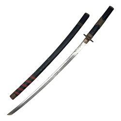 Good quality Japanese sword blade with later WWII fittings and scabbard  - 67.5cm slightly curving blade with unmarked tang, plain iron tsuba and lacquered grip with copper mounts; in lacquered wooden scabbard with tape bound tip L94cm overall