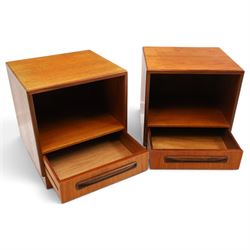 G-Plan - ‘Fresco’ teak pair of bedside cabinets, each with rectangular top over open recess and single drawer with sculpted handle, on plinth base