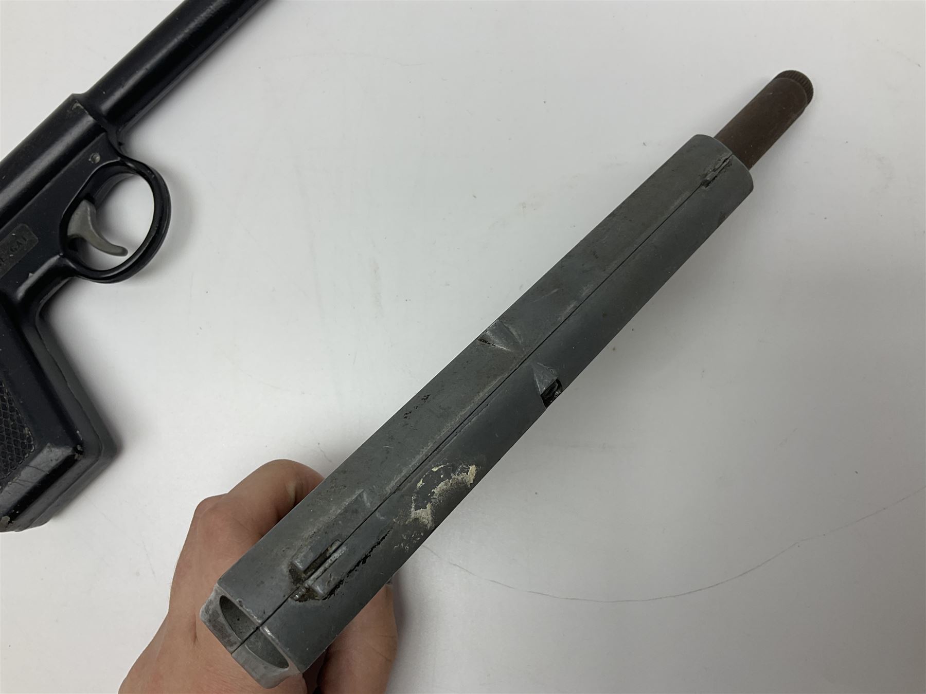 Webley & Scott Premier .177 over lever air pistol, no.2360, with chequered bakelite grip L24cm overall; Diana SP50 .177 plunge barrel air pistol; and T.J. Harrington & Son 'The Gat' .177 plunge barrel air pistol; NB: AGE RESTRICTIONS APPLY TO THE PURCHASE OF THIS LOT (3)