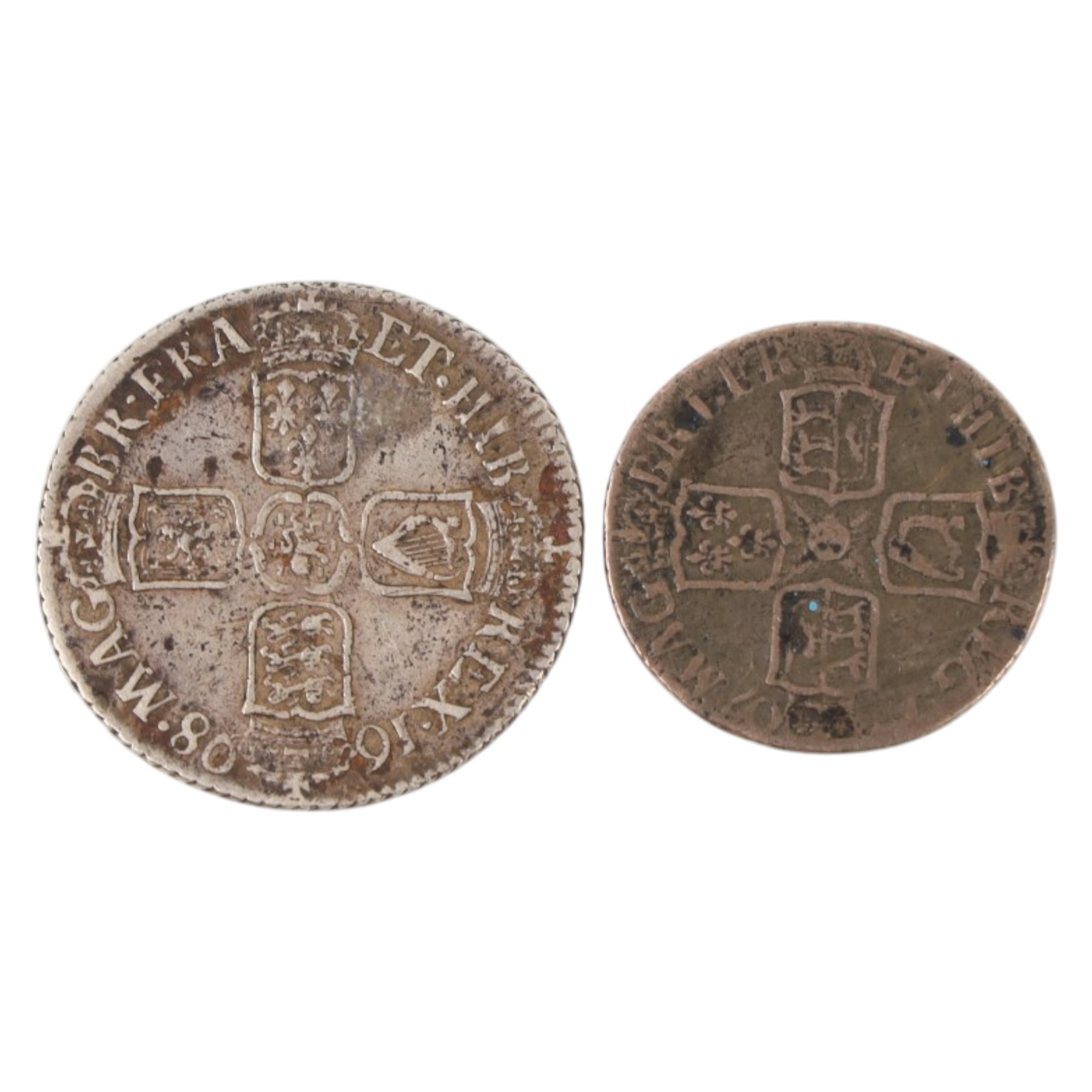 William III 1698 silver shilling and Anne 1707 silver sixpence coins (2)