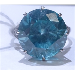  18ct white gold (tested) blue zircon ring, with diamond set shoulders  