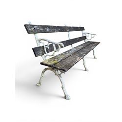 Early 20th century three section cast metal and wood slatted garden bench