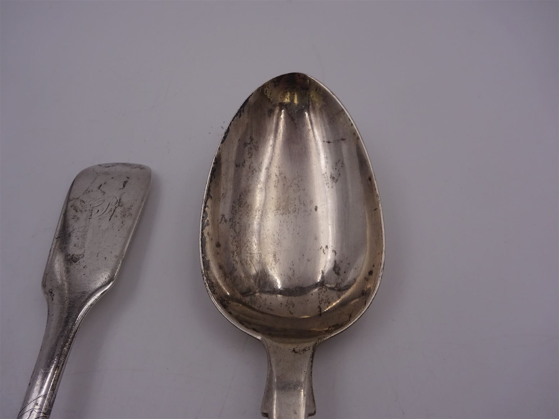Pair of Victorian Exeter silver Fiddle pattern table spoons, hallmarked Robert Williams & Sons, Exeter 1851