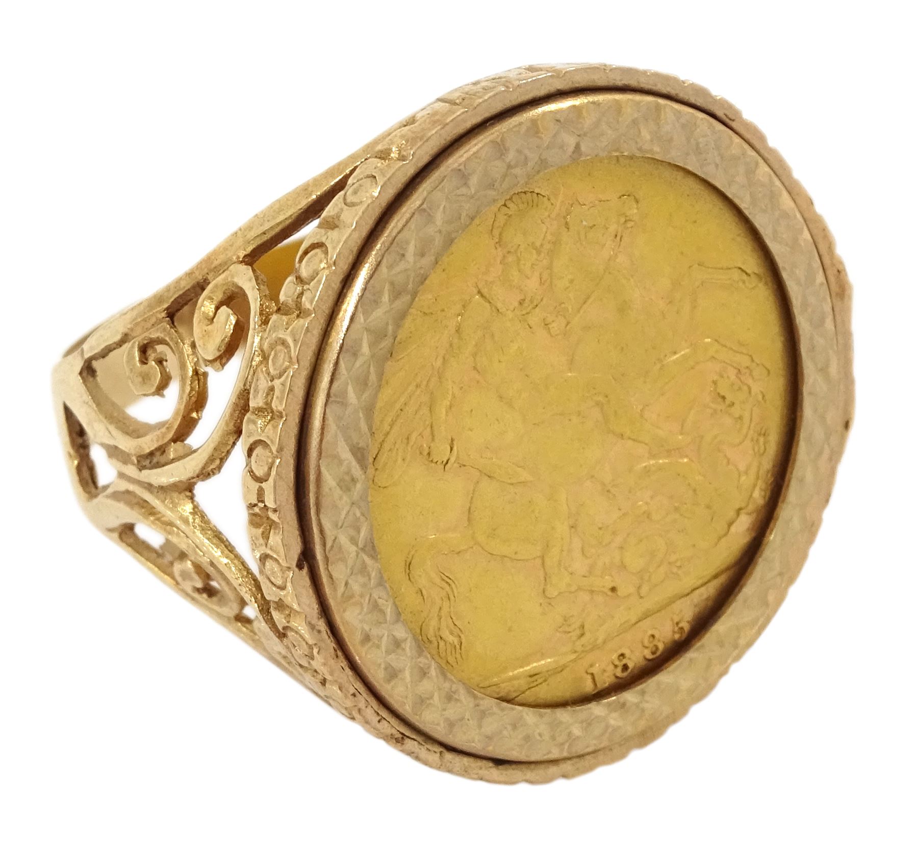 Queen Victoria 1885 full gold sovereign coin, loose mounted in 9ct gold ring, hallmarked