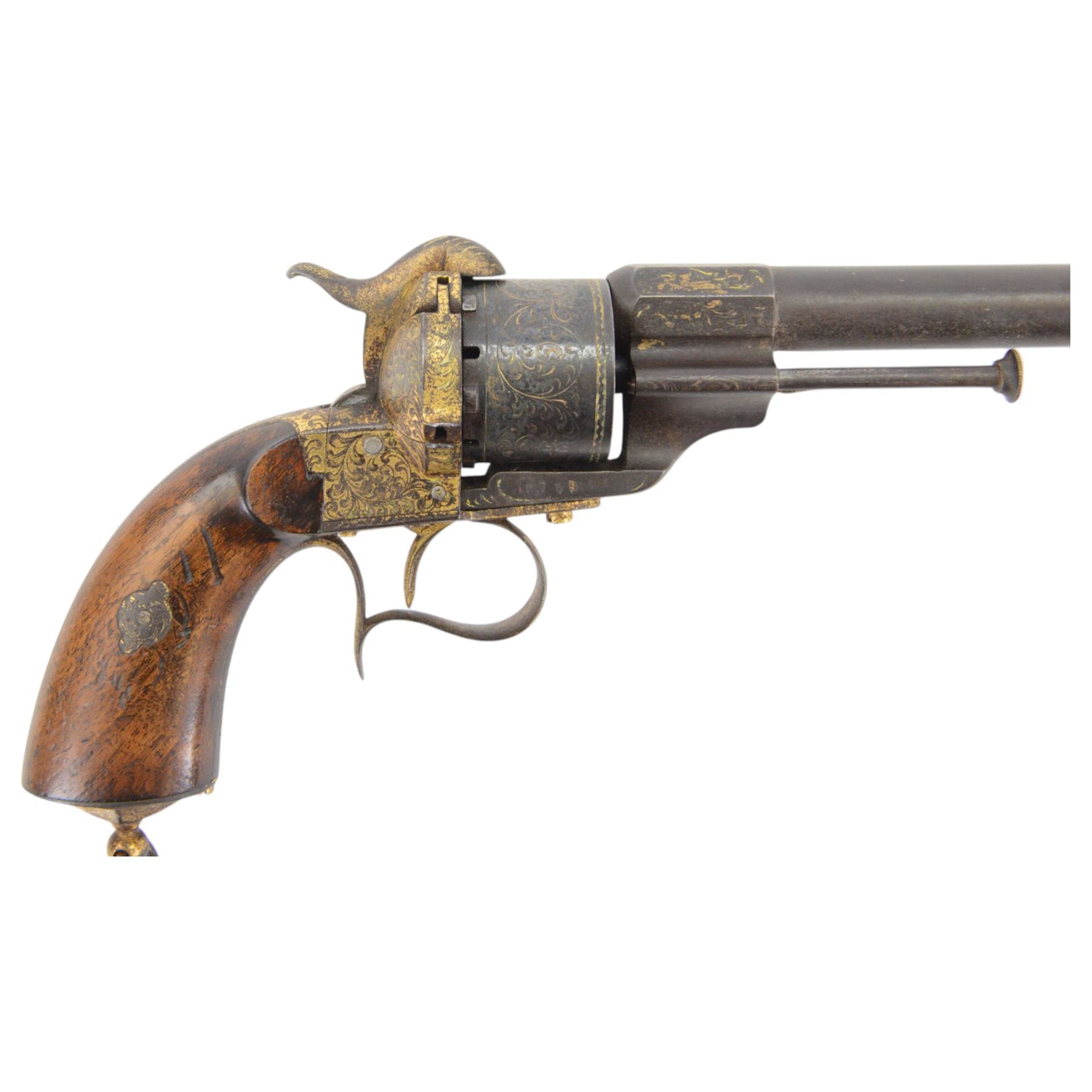 French six shot percussion and pinfire revolver, round barrel 2cm, numbered 1 F 75344 beneath and Brevete Paris on the other side, cylinder and frame overlaid with gold vine leaves, tendrils and lines; with ejector rod on the right, plain wooden grip, and lanyard ring
Sold as an exempt item under Section 58 (2) of the 1968 Firearms Act, to be held as a curiosity or ornament