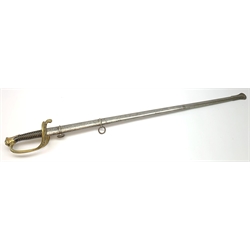 Early 19th century French Officer's sword, 85cm double edged triple fullered blade inscribed with French armourer's mark and dated 1816, brass hilt by Rouart a Paris (1825-1850) with open foliate decoration and ebony grip, steel scabbard, overall 102cm