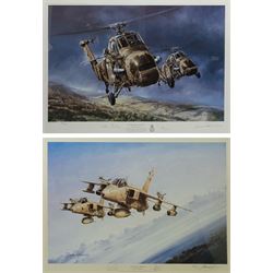 Michael Rondot (British 20th century): 'Coup de Grace', limited edition colour print signed and numbered 189/500 in pencil with blindstamp, also signed by Captain William Pixton and Peter Tholen 40cm x 56cm; 'Evergreen Wessex', limited edition colour print signed and numbered 92/300 in pencil with blindstamp, also signed by Keith Parkes and Desmond Sheen, certificate of authenticity verso 40cm x 55cm (2)