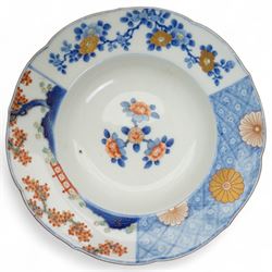 Japanese Edo period hexagonal dish with gilt decoration, Japanese porcelain to include a Seto blue and white dish, of square lobed form, four character mark to base, W18cm, Meiji Fukagawa Koransha imari circular dish on three ball feet, orchid mark to base D23cm, together with a matched pair of 19th century blue and white saucers, D16.5cm (4)