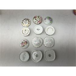 Two Crummles enamel trinket boxes to include William Wordsworth example and a larger example decorated with roses and other flowers, boxed Royal Worcester Golden Jubilee box, two Aynsley boxes, Dresden box, Hammersley and Aynsley examples decorated with birds etc