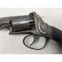 Mid-19th century Smith London .36 cal. transitional five-shot percussion revolver, the 12cm rifled octagonal barrel with side loading lever, side safety, some engraved decoration and chequered two-piece grip L28cm overall
