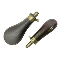 Two Sykes Patent brass mounted small load powder flasks with fire proof safety tops - one with slim plain copper body H17.5cm; the other with plain gun metal body H19cm (2)