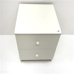  Gloss white cabinet, two doors enclosing five fitted shelves, (W111cm, H72cm, D61cm) and a two drawer bedside chest (W41cm, H56cm, D49cm)  