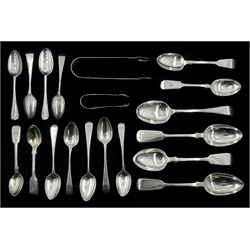 George III and later spoons including three fiddle pattern desert spoons by Josiah Williams & Co, Exeter 1857 and two silver sugar tongs, all hallmarked, approx 13.8oz