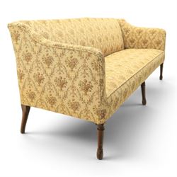 George II mahogany framed settee, beige foliate upholstery with padded sides, downswept arms with sprung seat and back, raised on six turned supports