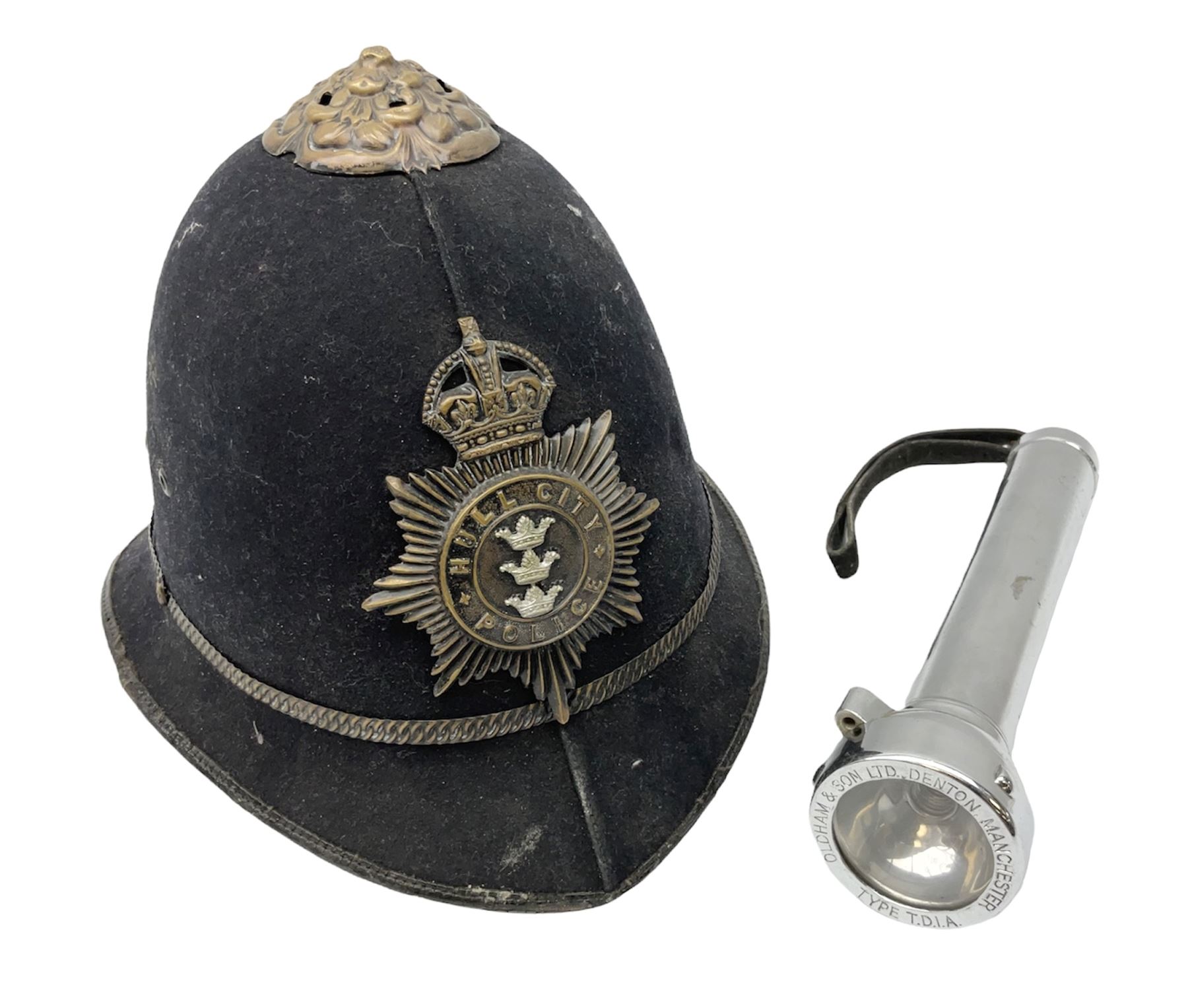 Hull City Police - Christy's London helmet with king's crown plate and an Oldham & Son Ltd Denton Manchester Type T.D.I.A. chromium cased safety torch (2)  