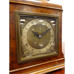  1930's figured walnut cased Elliott for Garrard mantel clock, brass and silvered dial, presentation plaque for 1933, H25cm   