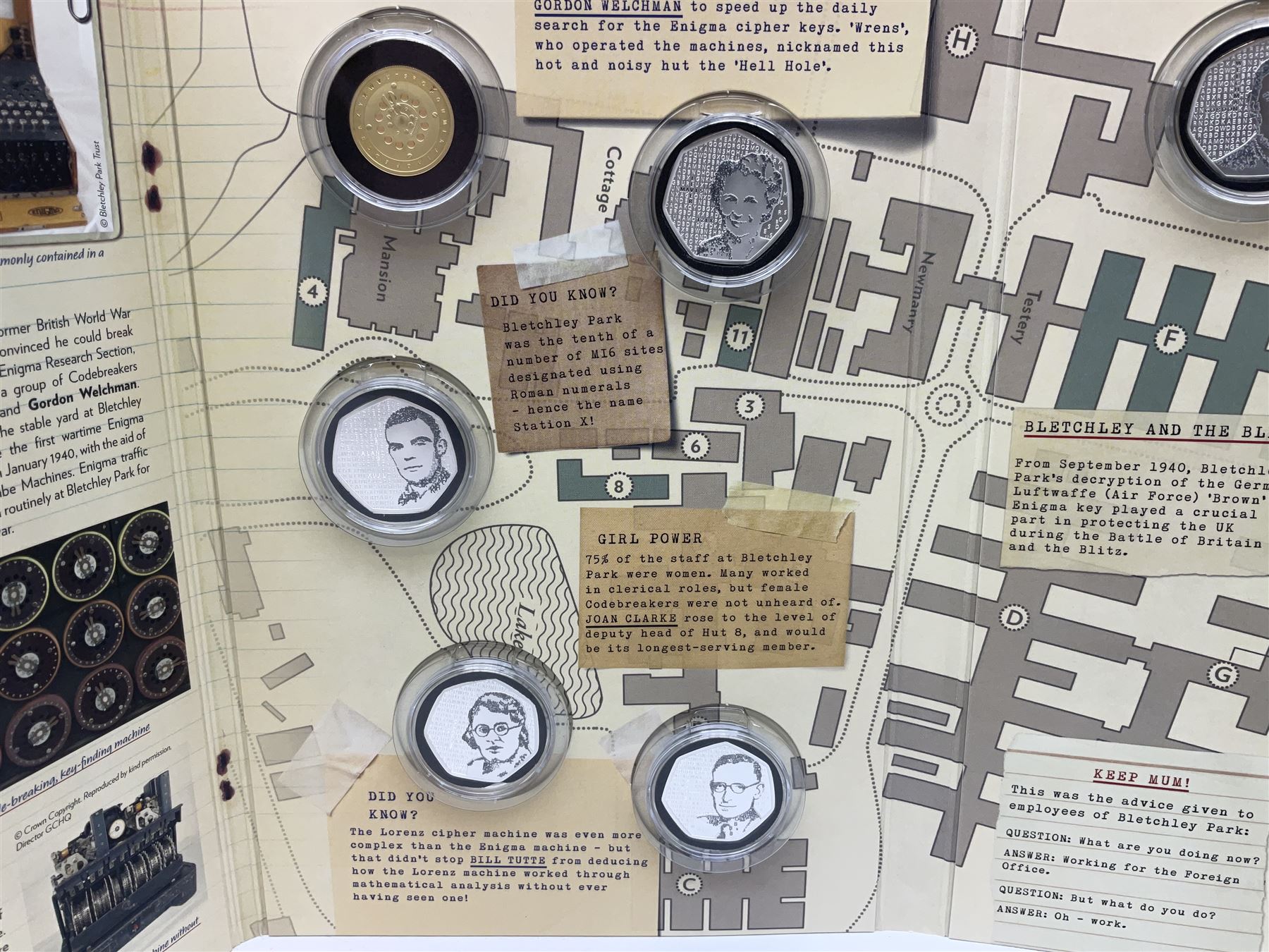 Queen Elizabeth II Tristan Da Cunha 2021 Bletchley Park seven coin set, including 'Bombe Machine' 9ct gold coin weighing 2.75 grams, housed in a presentation folders with certificates