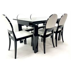 Ponsfords Sheffield Italian black gloss and glass extending dining table, rectangular supports (W220cm & 140cm, H77cm, D90cm) and set six chairs black and white dining chairs (W48cm)