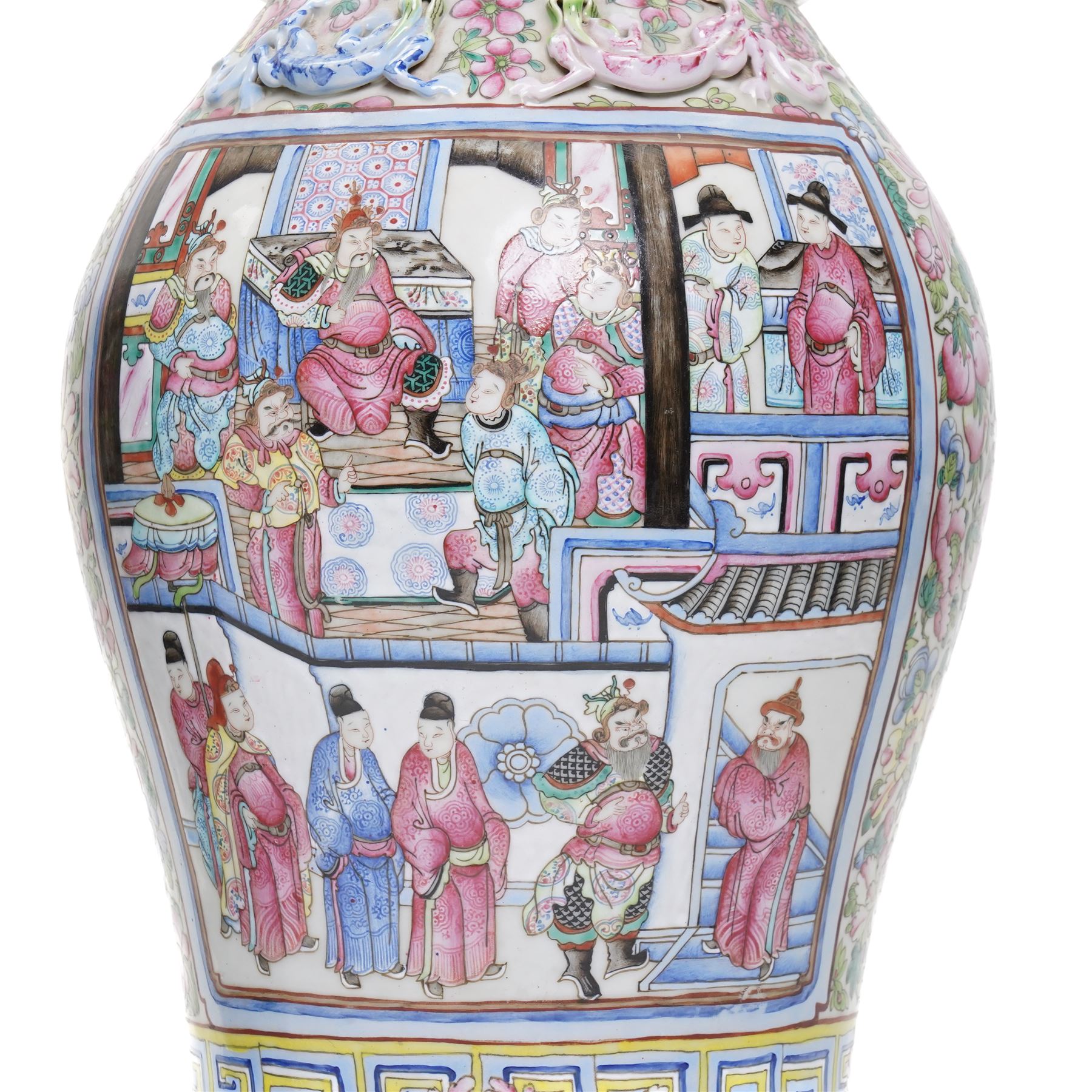 Large pair of 19th century Cantonese famille rose vases, each painted with various courtly scenes, including a display of warriors fighting on horseback before an official and his attendants, double Buddhist lion handles and applied at the shoulders with chilong, the lower band painted with Greek key motif, H58cm (2)