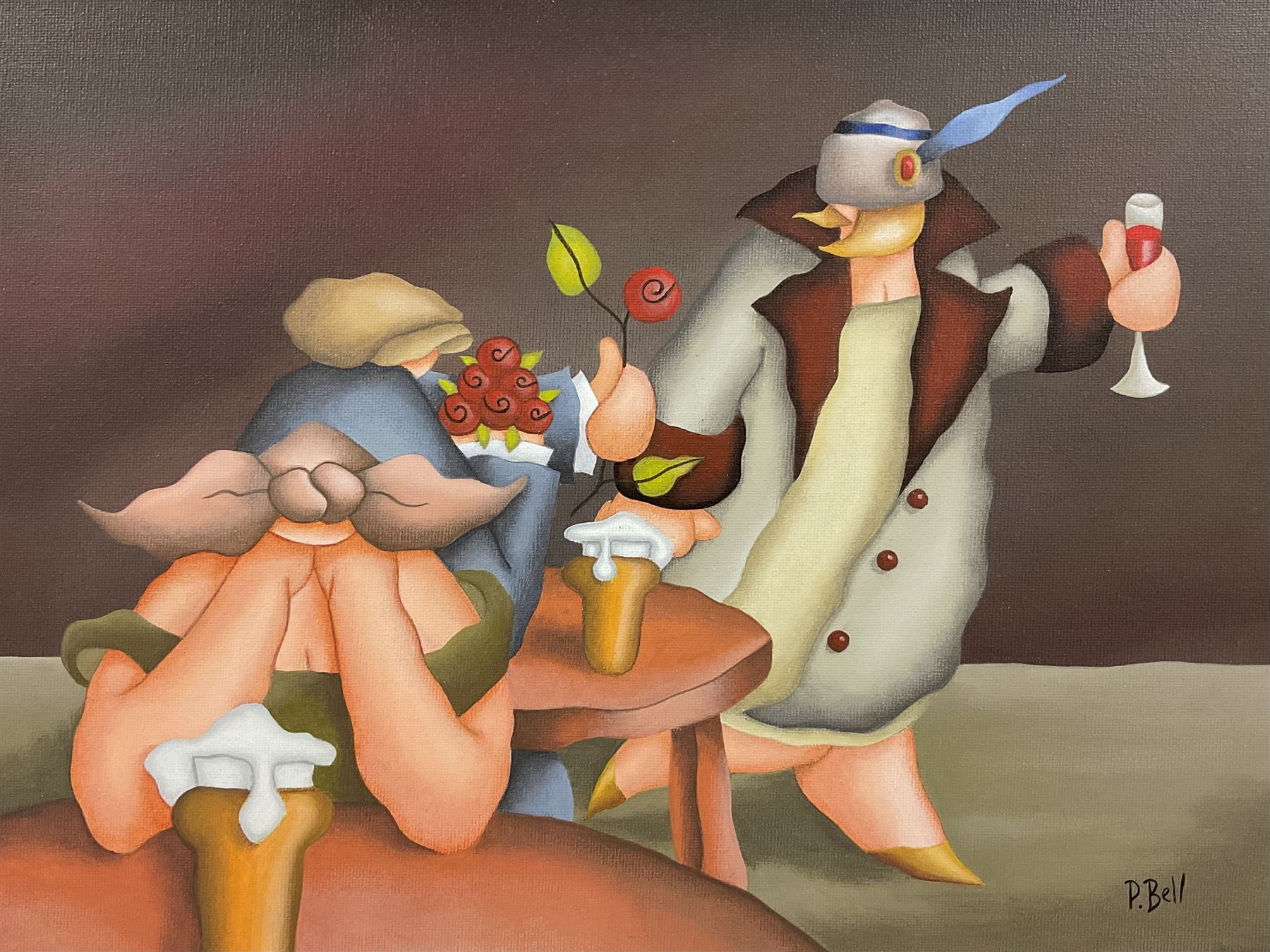 Peter Bell (Hull Contemporary): Ladies at the Pub, acrylic on canvas signed 29cm x 39cm 