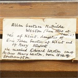 European School (Early 20th century): Half-Length Seated Portrait of Ellen Gustava Mathilda Weston (née af Klint) (Swedish 1860-?) wearing a Tiara and Gown, oil on canvas signed and dated 1915, labelled verso 90cm x 74cm
Notes: label verso reads: 'Ellen Gustava Mathilda Weston (born 1860 at Tunaberg) née af Klint, daughter of Eric Johan Gustaf af Klint and of Mary Stewart. She married Edward Weston, son of Arthur Henry Weston, born 1850 of Southampton.' The af Klint name is notably associated with the Swedish nobility and cultural legacy, including the abstract artist Hilma af Klint.