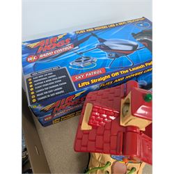 Collection of toys, including Matchbox Old Mother Hubbard's shoe, Tomy Zoids Blade Liger, Air Hogs radio controlled helicopter, diecast tanks etc, 