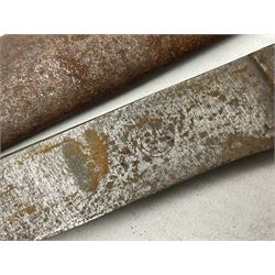 Indian kukri with 29cm curving steel blade and nickel mounted horn grip; in leather covered scabbard with one skinning knife L42cm overall; Hitler Youth knife with scabbard in relic condition; and three African graduated knives each with crudely carved wooden grips and painted leather covered scabbards (5)