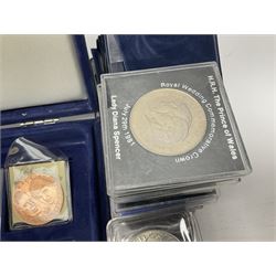 Mostly commemorative coins, including crowns, Queen Elizabeth II 2009 countdown to London 2012 five pound coin on card, 'The 2012 Diamond Jubilee' coin set in card folder, Cook Islands 2013 one dollar commemorating 'Coronation sixty years 1953 2013' etc