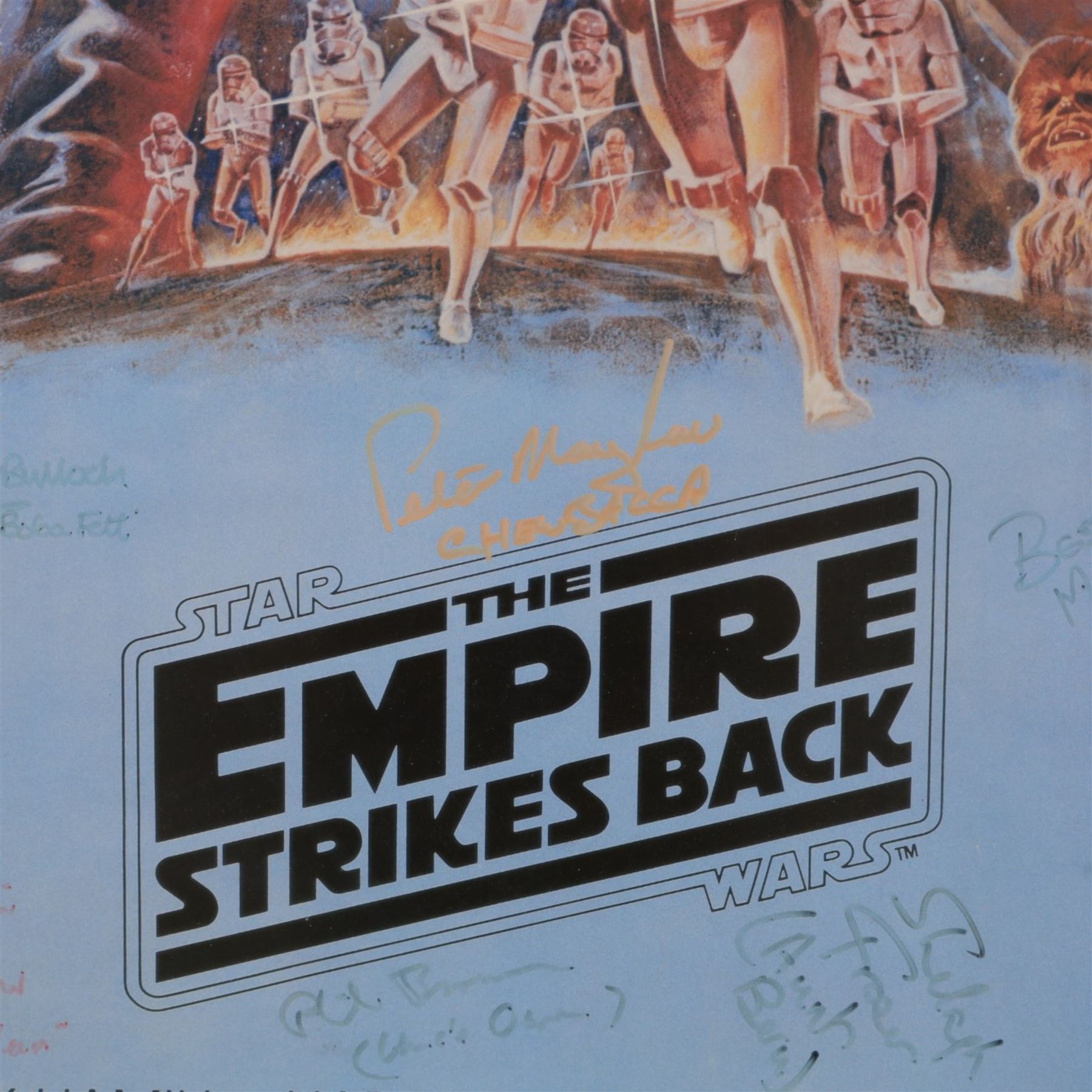 Autographed 1980s Star Wars Empire Strikes Back movie poster, with artwork by Tom Jung, with signatures including Michael Sheard (Admiral Ozzel), Koo Stark, Caroline Blakiston (Mon Mothma), Shelagh Fraser (Aunt Beru), Mike Edmonds (Logray), Peter Mayhew (Chewbacca), Jeremy Bulloch (Boba Fett), Stuart Freeborn (Creature Designer), Warwick Davies (Wicket), Michael Carter (Bib Fortuna), Dave Prowse (Darth Vader), Kenny Baker (R2D2), signatures and poster obtained at the Dave Prowse Promotions Mulitcon Event 1998 at The Norbreck Caste Hotel, Blackpool, in glazed black frame, frame H115cm
