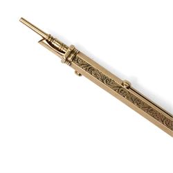 Sampson Mordan & Co. hexagonal gold combination dip pen and propelling pencil with engraved decoration and bloodstone seal, L9.3cm, together with a Wahl Eversharp gold filled pencil