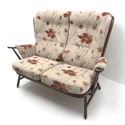 Ercol Golden Dawm elm Windsor tall back two seat sofa with fitted cushions, W144cm  