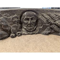 Military issue 02A gimbal compass, with broad arrow mark, together with a brass porthole and a piece of wood carved with portrait and foliage