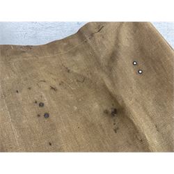 WW1 British casualty stretcher with iron mounted pitch pine sides and canvas base; stamped 'HL1917' and L7 with broad arrow in a triangle L236cm ( reputedly recovered from a barn at Bapaume on The Somme)