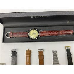 Stauer calendar wristwatch, boxed with papers, and a collection of wristwatches including Longines,  Agaton Alarm, Rotary automatic, Candino, Aiva and Record (9)