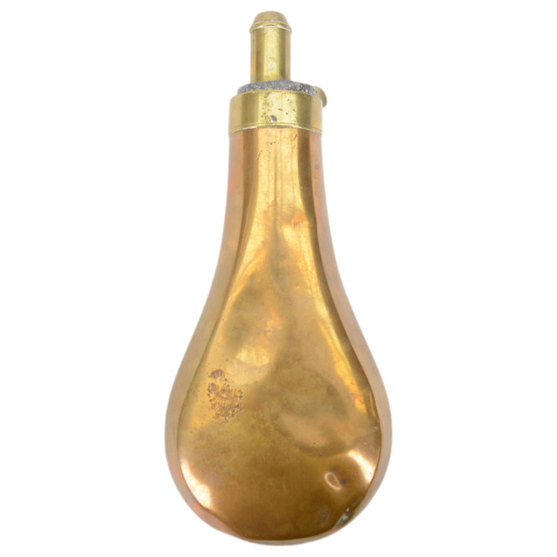 Copper gun powder flask, marked 'James Dixon & Sons' decorated in relief with hunter with pointer, L20cm