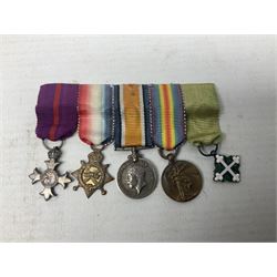 Three miniature groups of five medals - OBE Military group with WW1 trio and Italy Order of Saints Maurice & Lazarus Knights Cross; MBE Military group with WW2 trio and Territorial Efficiency Decoration; and WW2 trio, General Service Medal 1918-62 with Brunei and Arabian Peninsula clasps and GSM 1962 with Borneo clasp; all with ribbons on pinned wearing bars (3)