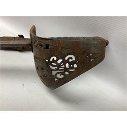 George V 1897 pattern Infantry officers sword, the 82cm single fullered blade with traces of etched detail and George V crown cipher, the ricasso marked Hawksworth Sheffield, pierced half basket hilt with George V cypher, wire-bound fish-skin grip with brass pommel and backstrap; in leather scabbard L102cm overall; together with two sectional gun cleaning rods; swagger stick made of leather strips etc