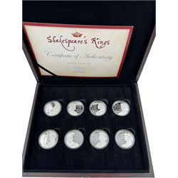 Eight Queen Elizabeth II Cook Islands 2016 sterling silver proof two dollars coins forming 'Shakespeare's Kings' coin set, cased with certificate