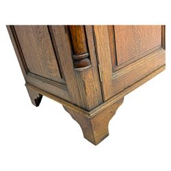 19th century and later oak dresser, moulding cornice a pierced and shaped frieze, over two open plate shelves above a base fitted with two drawers with brass swan neck handles, over panelled twin cupboard with single shelf, cantered corners on bracket feet