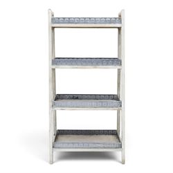 OKA style four tiered waterfall bookshelf, painted woodened frame with pierced wrought metal gallery
