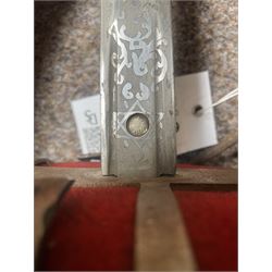 George V basket hilted broad sword with engraved blade, wire wound fish skin grip and field service scabbard, blade length 83cm