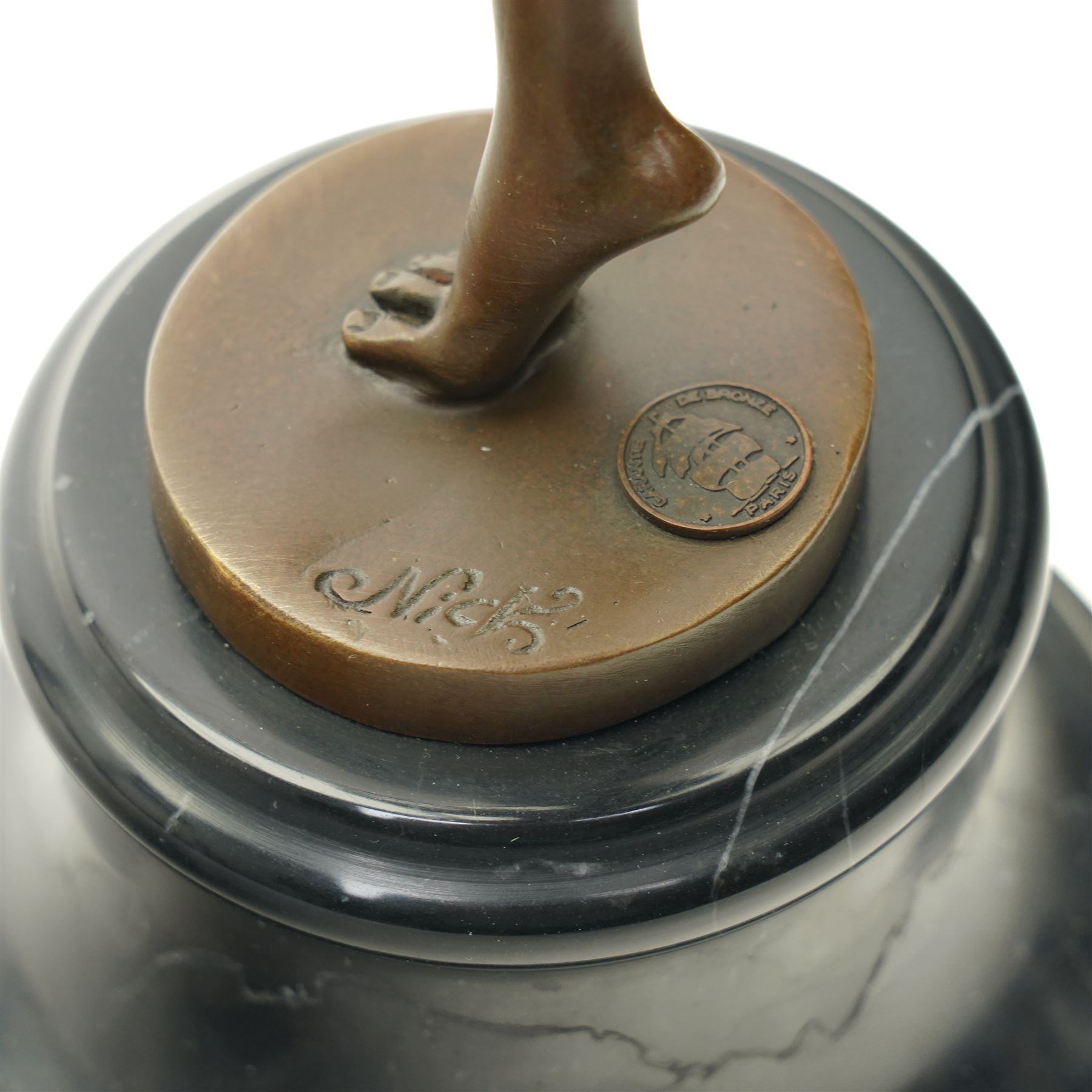 After Ferdinand Preiss (German 1882-1943): 'Con Brio', bronze figure bearing signature and with foundry mark, on black veined marble base, H38cm