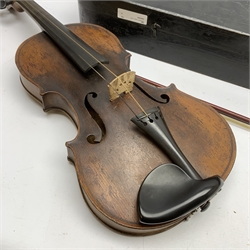 Late 19th/early 20th century violin with 36cm one-piece maple back and ribs and spruce top, bears label 'Copie De Franciscus Giobetti fecit Venitus Anno', 59cm overall, in Maidstone ebonised wooden 'coffin' case with bow