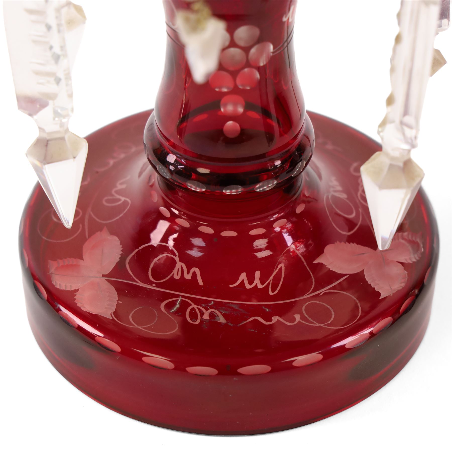 Pair of Victorian ruby glass lustres, with etched grape and vine decoration and clear glass droplets, H22cm 