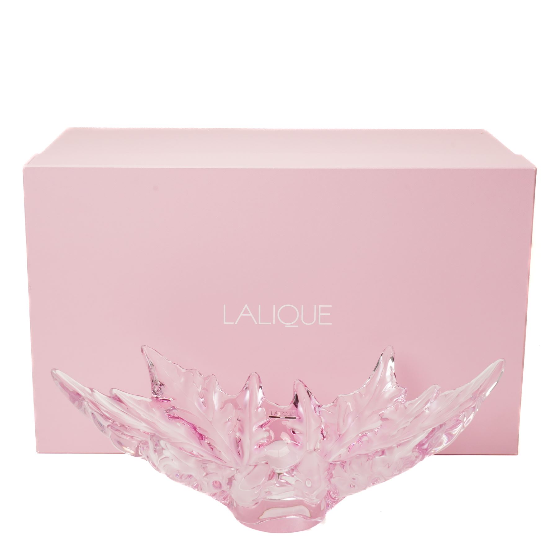Lalique Champs-Elysees pattern clear and frosted pink glass bowl designed by Marc Lalique and modelled as leaves, signed 'Lalique France' L47cm in original Lalique pink box with guarantee etc
