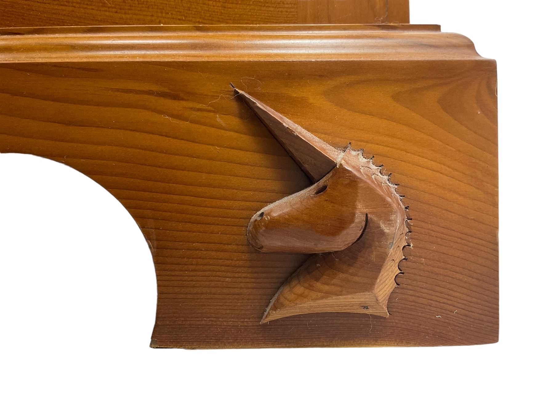 Unicornman - yew wood cabinet, moulded hinged lid over two panelled doors and shelves (W56cm, H99cm, D45cm); and four Unicorn man CD racks two in yew wood and two in oak (W20cm, H36cm, D20cm); all carved with unicorn signature and by Geoff Gell, Coxwold
