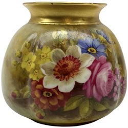 Royal Worcester vase of squat form, shape no 158, hand painted with flowers, signed Theeman, with printed mark beneath, H8cm