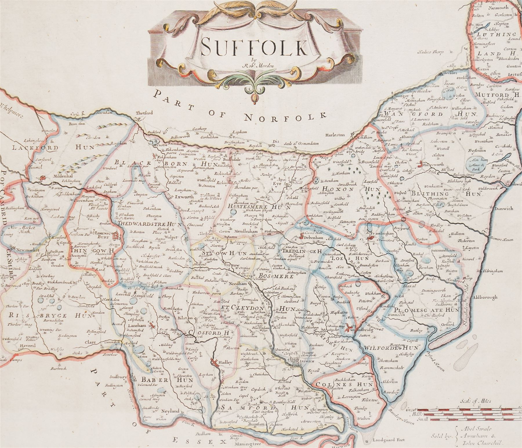 Robert Morden (British c.1650-1703): 'Suffolk', 17th/18th century engraved map with hand-colouring 38cm x 43cm