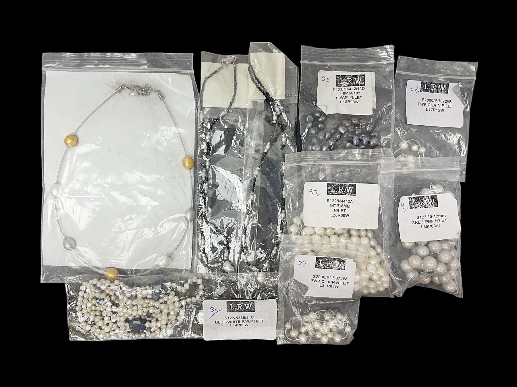 Fresh water pearl jewellery, including silver chain bracelet and necklace, and seven other necklaces, including agate examples, some with silver clasps